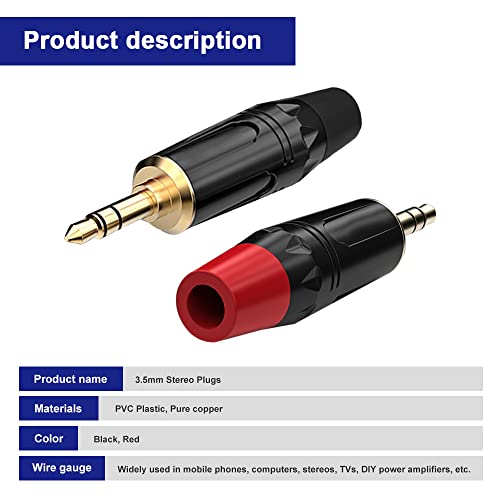 3,5mm Audio Solder Plug, TRS 3 Pole Stereo Hoofdtelefoon Man Plug Reparatie Vervanging Solder Adapter, 1/8" Heavy Duty Jack DIY Audiokabel Connecor, zwart-rood (10 Pack)