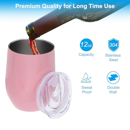 12 oz Sublimatie Glitter Wijnbeker, 2 stuks Roestvrij staal Dubbele wand Geïsoleerde Sublimatie Bekers met deksel voor wijn koffie Cocktails, Roze 3