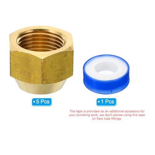 1/2 SAE Messing Flare Nut, 5 Pack 45 Degree koper Flared Tube Fitting Messing Pipe Fitting Cap met tape voor Airconditioning Water Gas Line, glanzend 3