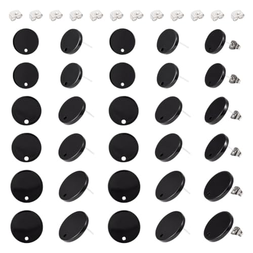 PH 30st Zwarte Hars Flat Ronde Stud oorbellen Bevindingen met 40 st Roestvrij staal Frictie oor Noten voor DIY Sieraden maken