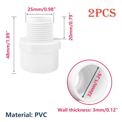 2 stuks PVC pijpfittingen, 32mm x 3/4 inch Man Thread Pipe Fittings Adapter Connector, voor PVC Hookah Accessoires (Slip to Male Thread)