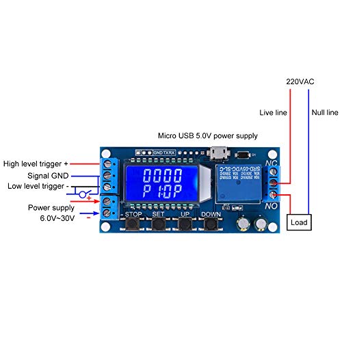 Tijdrelaismodule DC 6-30 V met LCD display, zelfontspanner, tijdcyclus 0,01-9999 min, houder voor micro USB 5 V, voeding, met bescherming tegen omgekeerde aansluiting 3