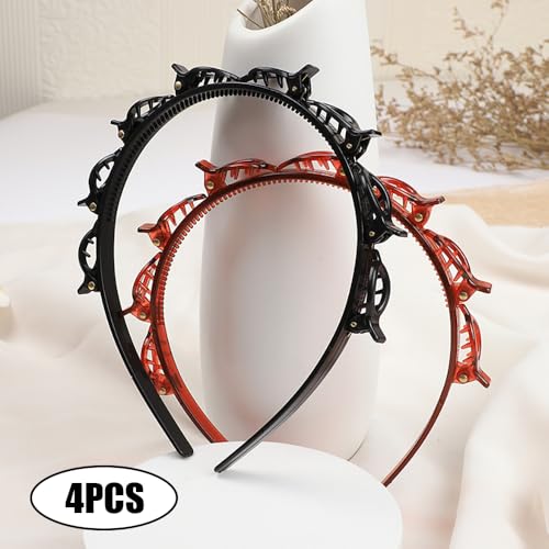 4 st. Double Bangs Hairpin, Twist en Clip Headband Multi-layer Hollow Geweven hoofdbanden Teeth Comb Hair Hoop Hoofdband met Clips bevestigd Haarspeld Hoofdbanden voor vrouwen 5