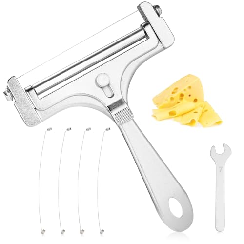 Cheese Slicer Set, verstelbare Dikte Iron Hand Cheese Slicer met 4 extra Wires en Key Food Cutter voor Butter Cheddar Mozzarella (Frosted Silver)