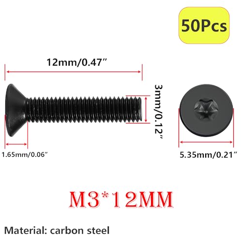 M3 x 12mm Schroeven met verzonken hoofd, volledige draadbouten, koolstofstaal Plum Blossom Bolts (verpakking van 50)