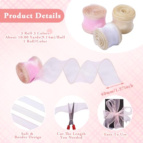 3 Rolls Polyester Iridescent Fishtail Ribbon Glittering Chiffon Libbons 40mm Cadeauverpakking Ribbon Bruiloft Bouquet Bows Wrapping Kralen Decoratie, 3 Kleuren