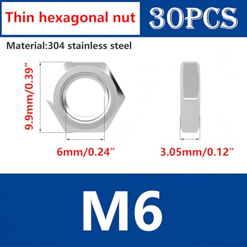 Zeshoekmoeren M6 roestvrij staal, 30 stuks voor schroefdraadschroeven en schroefdraadstangen