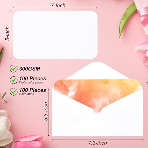 100 Sets puur katoenen aquarel kaarten 150 lb/300 GSM ansichtkaarten afgeronde hoeken met enveloppen voor kunst beelden creatieve dank notities, 15x7 inch