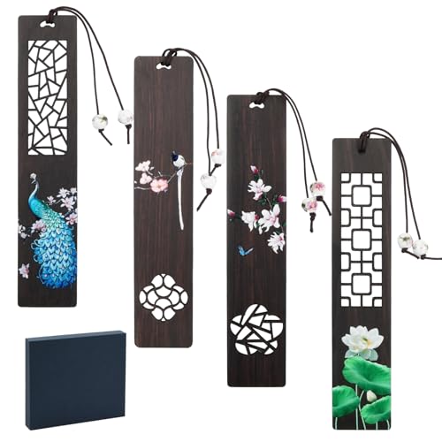 4 stuks houten bladwijzers, vintage bladwijzers, geschenk, natuurlijke bladwijzers met geschenkdoos, handgemaakte houten bladwijzerset voor leraren, studenten, mannen en vrouwen
