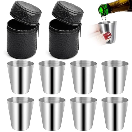 8 stuks roestvrij stalen bekers 30ml roestvrij stalen bekers Stapelbare Hip Cup met 2 lederen zakken Drinkbeker Roestvrij stalen beker draagbare metalen beker Ideaal