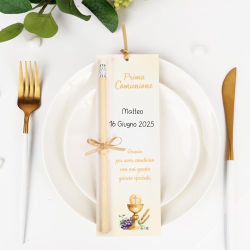 Verpakking van 30 Tafelkaarten, Bladwijzers, Communie met Potlood, Gast Cadeau, Eerste Communie, Kaarten met Cadeau Linten, Uitnodigingen, Tafel Decoratie (Goud) 3