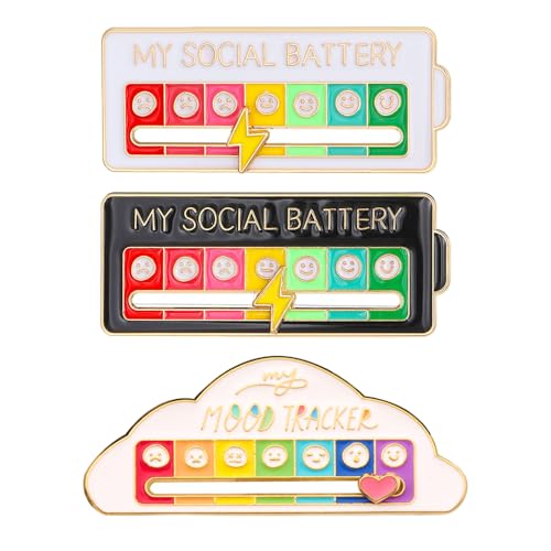 2Pcs Mijn sociale batterij en 1Pcs Mood Tracker, Mijn sociale batterij Pin Mood conversie Brooch Pin 7 Days Mood Pin Badge Cute Creative Expression Pin Brooch voor mannen, metaal