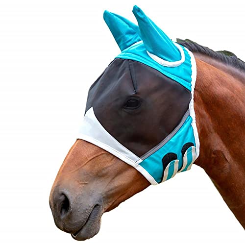 Fine Mesh Fly Masker met oren ademend paard masker anti mug voor paard blauw en wit L