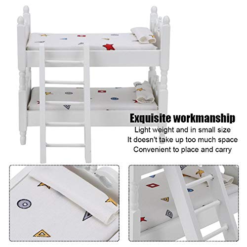 Bicaquu Poppenhuis Bunk Bed, 1:12 Mini Poppenhuis Bed, Miniatuur Simulated Houten stapelbed, Meubilair, Model Speelgoed Accessoires (White) 4
