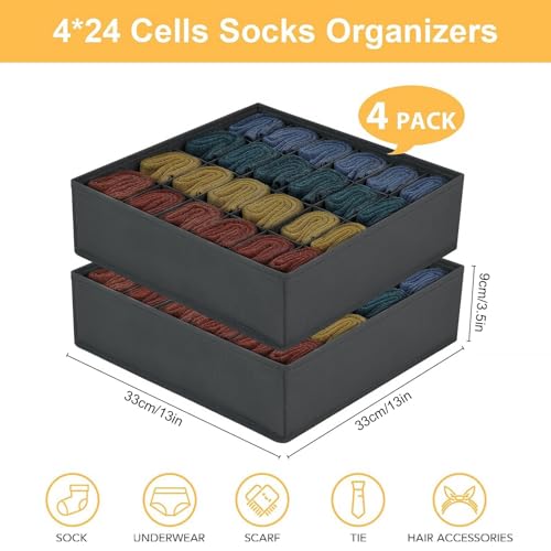Verpakking van 4 Opbergdozen voor sokken en ondergoed, 24 Compartiments, Opvouwbare dozen (Opvouwbare doos, Lade Divider, Lade Organizer, Fabric Boxen voor het opslaan van sokken (Dark Grey) 5