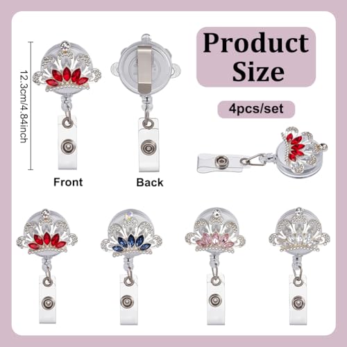4 stuks intrekbare badge-rollen, kroon badge rollen met strass steentjes cabochons badge reel clip voor verpleegkunde kunstsen naamplaat display, legering kristal clip, 12,3 cm