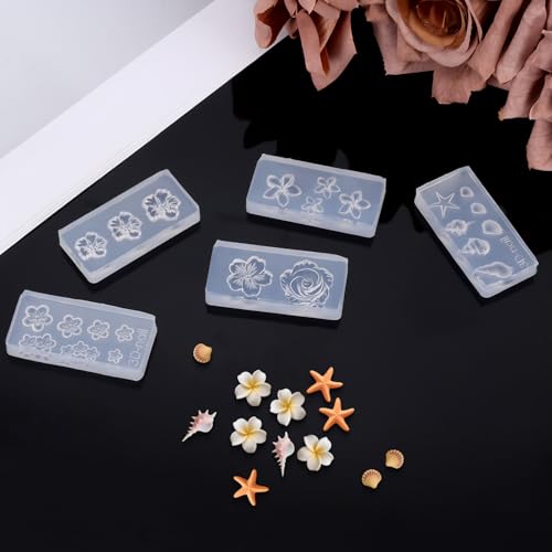 5 st Siliconen Nagelvormen, 3D Gel Nail Art Shape Shell Plumeria Rose Cherry Blossom Morning Glory Flower Shapes voor Nail Design Manicure Decoratie (5 stijlen) 3