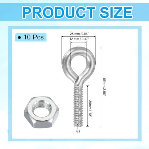 M8 x 30mm oogschroeven, 10 st koolstofstaal, draadschroeven, ooghaakschroeven met noot voor het ophangen of beveiligen van kabels, zilver