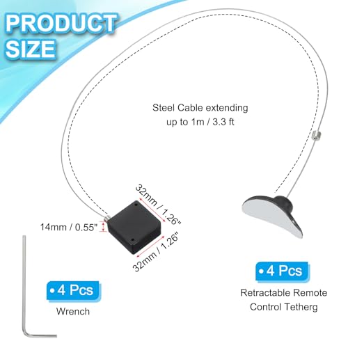 3.3 Ft Retractable Remote Control Tether, 4 stuks Square Security Kabel Lanyard Lock met verstelbare sluiting Kleefstof voor TV-afstandsbediening, zwart (Curved Rubber Cap)