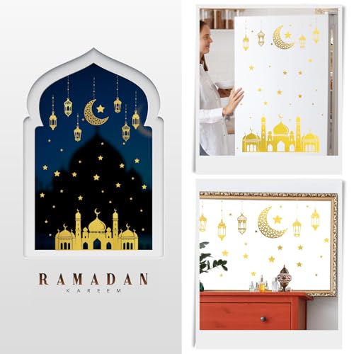 4 Vellen Goud Glitter Eid Mubarak Window Stickers Ramadan Kareem Window Clings voor glazen vensterdecoraties 4