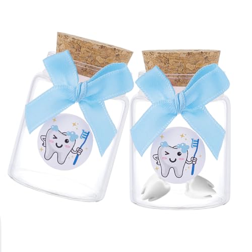 2 stuks glazen flessen voor tandopslag, 4,5 x 7 cm glazen flessen met Cork Glas Dental Keepsake met Blue Bow Tie en Tanden Stickers voor het houden van geheugen