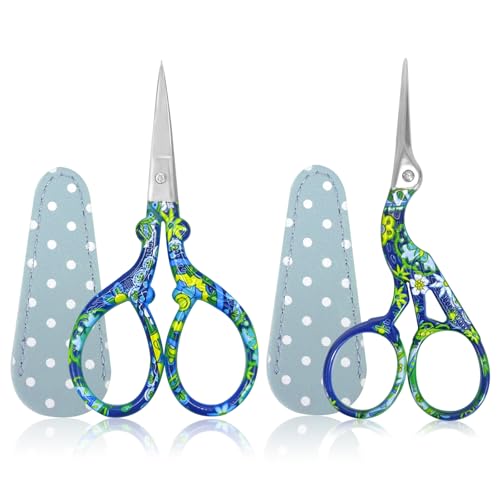 Kleine borduurschaar, 2 stuks Roestvrij staal Craft Schaar voor Naaien, Threading, Ambachten, Ambachten, Trimmen met Faux Lederen Schaar Cover(Blue+Flower)