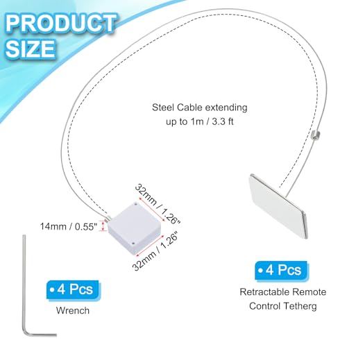 3.3 Ft Intrekbare afstandsbediening Tether, 4 stuks Vierkante beveiliging Kabel Lanyard Lock met verstelbare sluiting lijm voor TV-afstandsbediening, wit (Square Iron Cap)