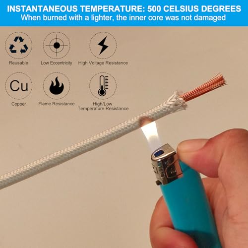 Elektronische kabel, geïsoleerd, hittebestendig, glasvezel, 14,8 voet, 9 Awg, hoge temperatuur, -60 - 500°C, lampen, ketel, verwarming, wit 5