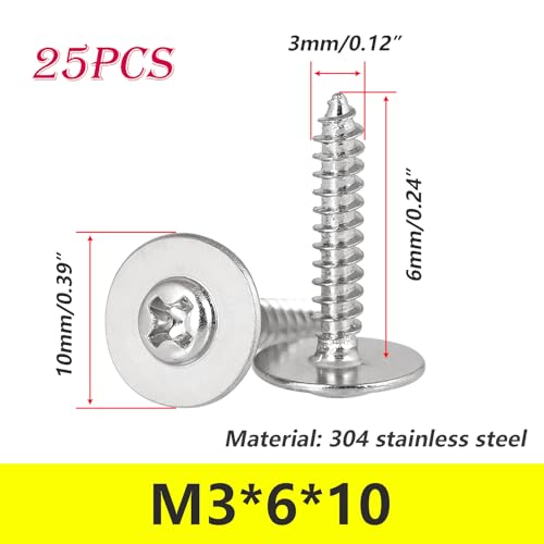 Verpakking van 25 Phillips Plaatschroeven M3 x 6 x 10 mm Houtschroeven gemaakt van roestvrij staal 304 voor kunststof en hout