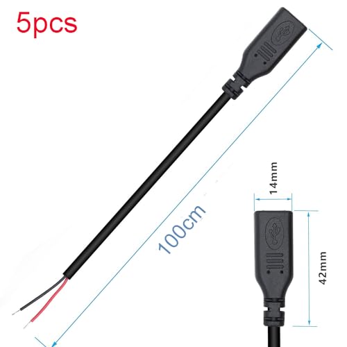 Pack van 5 USB C-aansluitingskabel, USB C-Socket Soldering 22AWG 5V 3A 2 Wire USB C-uitbreidingskabel voor Arduino LED Strips 1 meter
