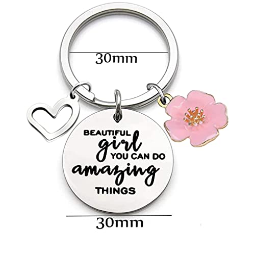 Inspirational Birthday Keychain "Mooi meisje, je kunt geweldige dingen doen" Sleutelhanger voor dochter, zus, vriendin, familie, 13. 14. 15. 16. 17. 18e verjaardag geschenk meisje, zilver, M, zilver