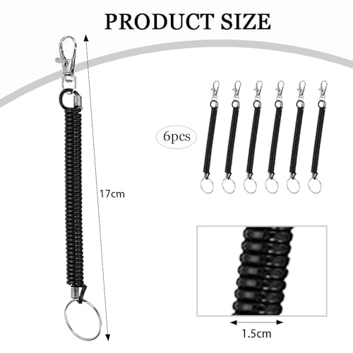 6 stuks Stretch Spiraalsleutelhanger met Clip Plastic sleutelhanger Spring sleutelhouder Uitbreidbare veiligheid Spring sleutelhouder Anti-diefstal Anti-Loss voor mobiele telefoons, zwart