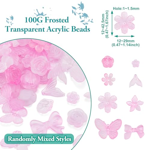 100g Roze Diverse Acryl kralen Matte Bloem Kralen Caps Bow Butterfly Leaf Esthetic Craft Kralen Bulk voor DIY armband ketting oorbellen sieraden maken 3