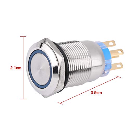 Zelfvergrendelende knop 19mm 12V LED waterdichte Roestvrij Zelfvergrendelende drukknopschakelaar aan/uit slotknop 1NO1NC (blauw)-12V Waterdichte knop 3