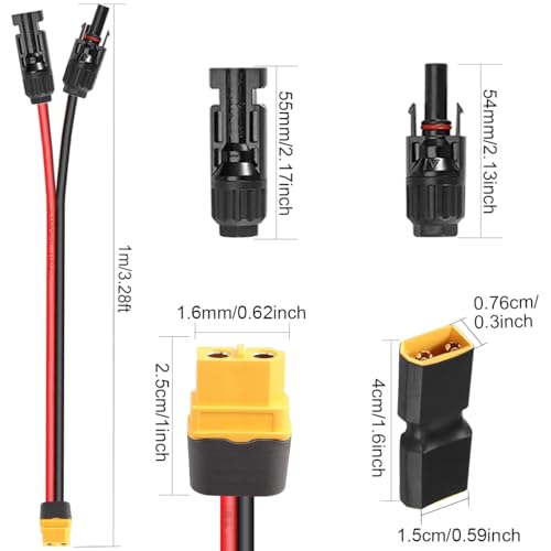 Solar Connector aan XT60 Vrouwelijke Laadkabel voor zonnepanelen, 12 AWG Solar Panel Kabel voor draagbare elektriciteitscentrale, zonnegenerator (1m)