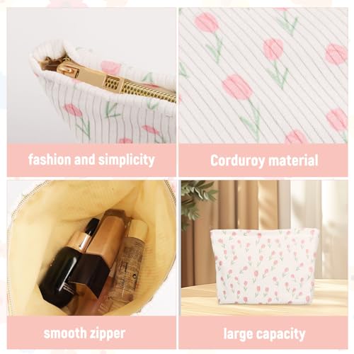 Cosmetic Bag Toiltry Bag Makeup Bag - Cosmetic Bag met bloemen patronen - Toiletartikelen Bag Dames met rits - Kleine cadeautjes voor vrouwen en meisjes, wit met tulpen, modern 3