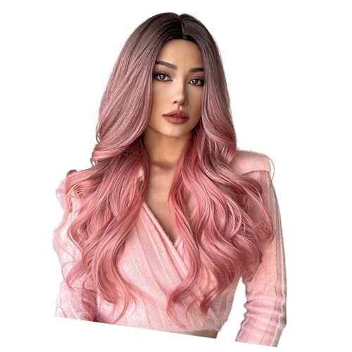 Rode kant voorkant pruik, roze kant voorkant pruik met haar, roze kleur, cosplay pruiken, roze pruik, roze kant voorkant pruik, diepe golf, krullen 4