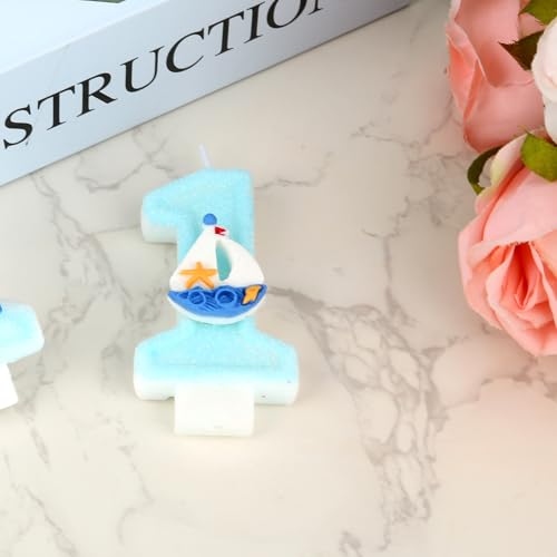 Thema Surfnummer 1 Verjaardagskaars, Blue Glitter Cake Topper voor jongens 1e verjaardag Ocean & Seaside Feestdecoratie Nautische Baby Douchebenodigdheden (Zeilboot) 5