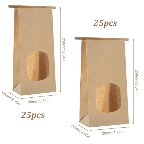 25 stuks bruin Kraft Paper Bags, Sandwich Paper Bags met Transparant Window en Sealing Wire, Oil Resistant Bread Bags for Biscuits, Candy, Coffee Beans (24.5 * 12 * 6cm)