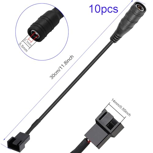 10st PC Ventilator Kabels, 4 Pole DC Fan Kabel met 4 Pin / 3 Pin, DC naar Fan Jack, DC Ventilator Adapter, Power Cable voor PC DC5521 (30cm)