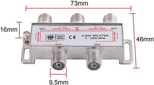 4-Way TV Radio, F Connector, Adapter, Kabel, Antenna, Divider, SAT Splitter, Metaal TV Divider 5-2500M Hz incl. Adapter + Kabel + 4 x F Plugs aan Coaxiale Plug + 5x F Aansluiting aan 3