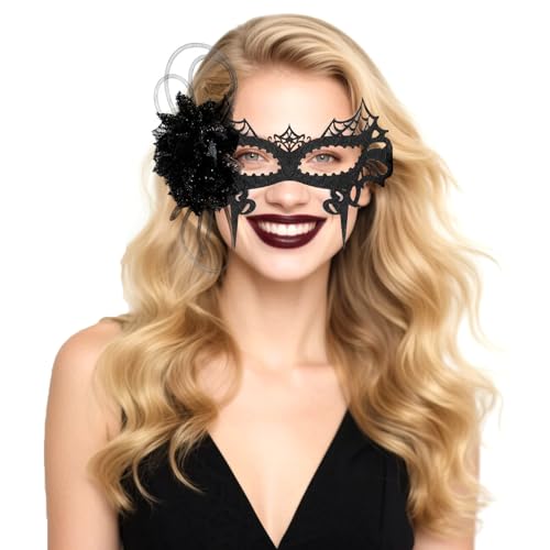 Vintage Masquerade Mask voor vrouwen met Zwarte Bloem Voel Halloween Costume Black Spider Web Halloween Masker 1920s Party Cosplay Ball