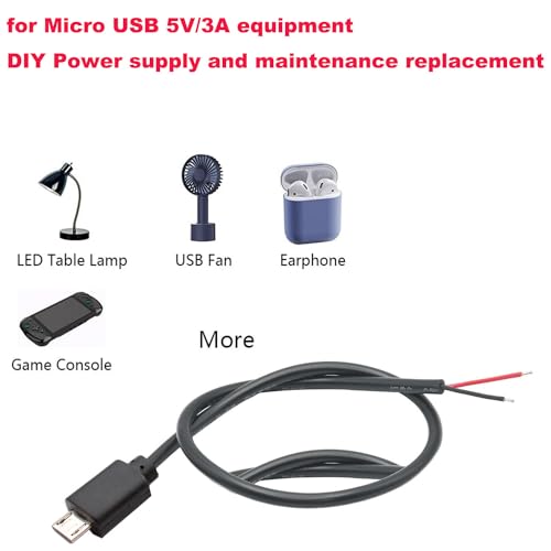 Verpakking van 6 Micro USB Pigtail Kabels, Micro USB Plug aan 2 Pin Blanco Kabel, 22AWG, 3A, 2-Wire Extension Kabel met Open End voor DIY, 30 cm 5
