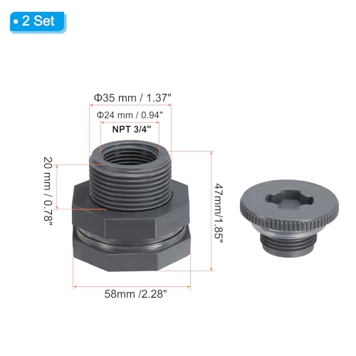 PVC Bulkhead Fitting met Plug NPT 3/4 inch, 2 stuks Bulkhead Water Tank Connector met Silicone Seal Pakking Tuinslang Fitting met Plug voor Regenemmer, Spoelen, Aquariums, Grijs