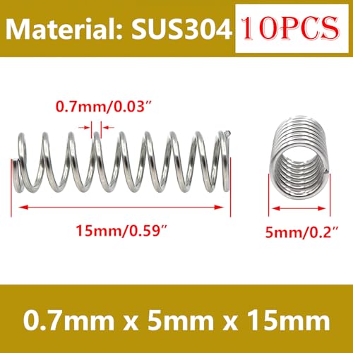 10 stuks Mini roestvrij stalen veren, metalen veren voor vervanging en reparatie, 0,7 x 5 x 15 mm compressieveren, mechanische compressie voorjaar