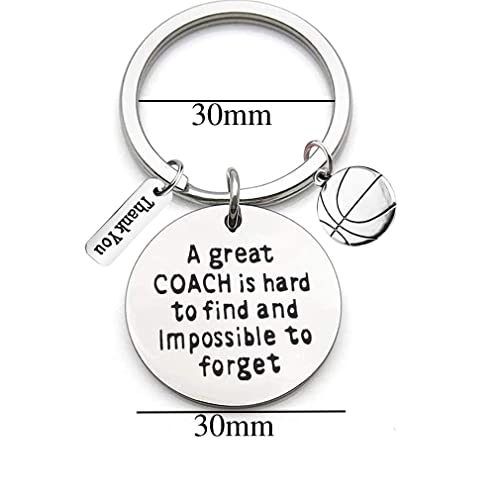 Stainless Steel Keyring met graveren "Een grote coach is moeilijk te vinden en onmogelijk te vergeten" en Basketbal Ornament Key Ring Teacher Coach Keychain Gift voor lerarendag, zilver, M, zilver