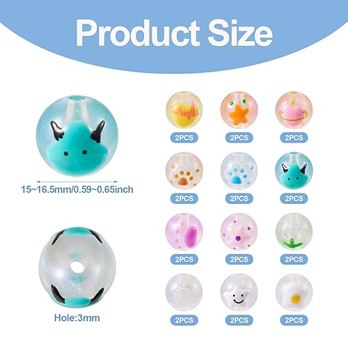 24st 15mm Glow in de donkere ronde kralen bulk met poot patroon groot gat lichtgevende acryl spacer kralen ambachten kraal voor DIY armbanden kettingen sleutelhangers ambacht ambachten 3