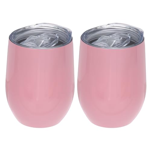 12 oz Sublimatie Glitter Wijnbeker, 2 stuks Roestvrij staal Dubbele wand Geïsoleerde Sublimatie Bekers met deksel voor wijn koffie Cocktails, Roze