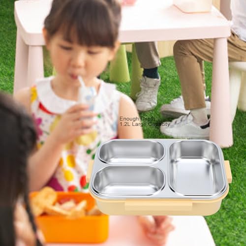 Lunchbox van roodvrij staal, 1,2 l, verwarmde zakken met 3 verdeelde lunchzakken, rechtshoekige voedercontainer voor snacks, sandwiches, fruit, (geel)