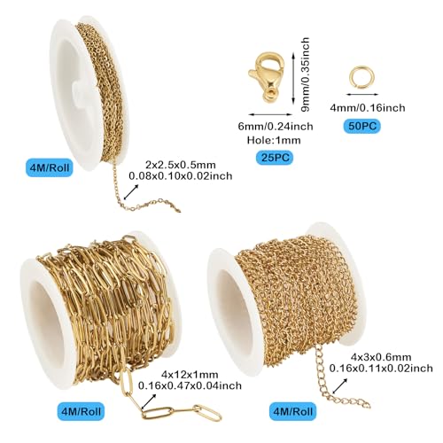 3 rollen 4M goud roestvrij Steel Paperclip ketting Metalen ovale Link Kabel ketting Twisted Curb Kettingen met Jump Rings Klauw sluitingen voor armband ketting sieraden maken 5